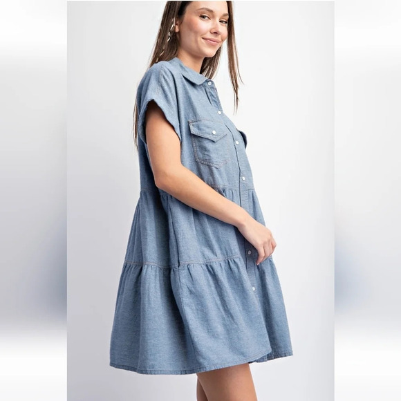 New! Easel Button Down Tiered Denim Shirt Dress - Picture 4 of 5